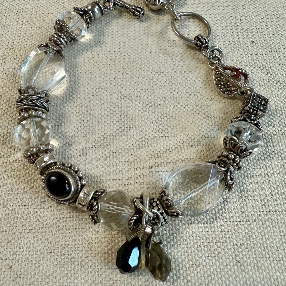 Vintage Sterling Silver and Black onyx and quartz Lori Bonn Scrollwork Bracelet